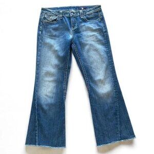 Vigoss Blue Demim Flare Wide Leg Jeans Sz 13 Raw Frayed Hems Embroidered Pockets